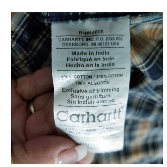 Carhartt Men's Blue Orange Plaid Long Sleeve Button Up Button Down Collar SZ LT - Picture 6 of 7